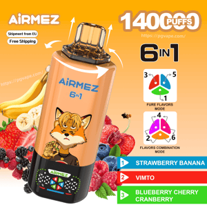 Airmez 6in1 vape bottle with a fox on an orange wrap, surrounded by fruit; 1400 puffs and flavor options.