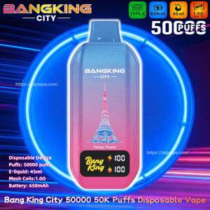 Vape jetable Bang King City avec dégradé rose à bleu, Tokyo Tower, 50 000 bouffées, e-liquide 45 ml, 650 mAh, bobine maillée 1,0 ohm, Type-C.