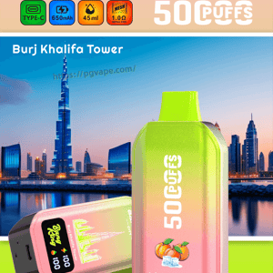 Colorful Bangking City disposable vape ad featuring Juicy Peach Ice; gradient devices with Dubai skyline and 50,000 puffs.