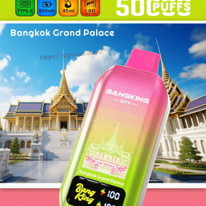 Bright BangKing City vape ad featuring a pink–green gradient disposable device in front of Bangkok Grand Palace.