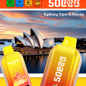 Bright BangKing City vape ad with Sydney Opera House and two yellow-orange gradient vape devices, Peach Mango Watermelon.