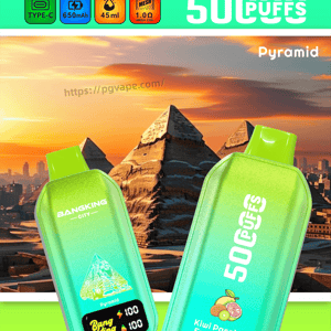 BangKing City poster showing pyramids at sunset, two green vape devices, and Kiwi Passion Fruit Guava; 500 puffs.