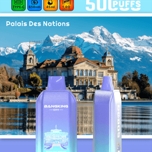 Bright BangKing City ad: purple vape pods before Palais des Nations with peaks; Type-C, 650mAh, 45ml, 1.0Ω coil; 50€.