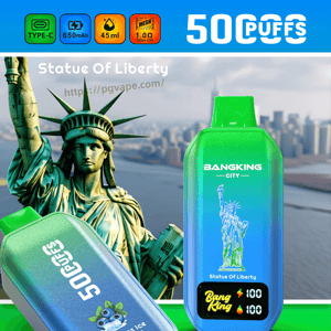 Vibrant BangKing City ad with two gradient vape mods in foreground, Statue of Liberty graphic, and city skyline background.