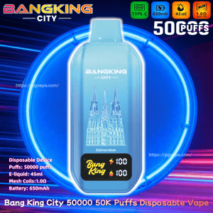 Vape jetable Blue Bang King City avec graphisme cathédrale, étiquetée 50 000 bouffées, batterie 650 mAh, 45 ml d'e-liquide et bobine maillée de 1,0 Ω.