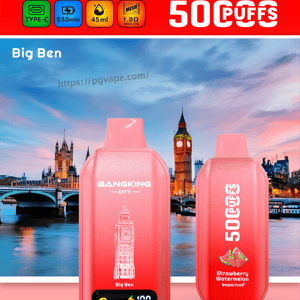 Two pink BangKing City disposable vapes in front of London's Big Ben skyline; left shows Big Ben, right says 50 Puffs.