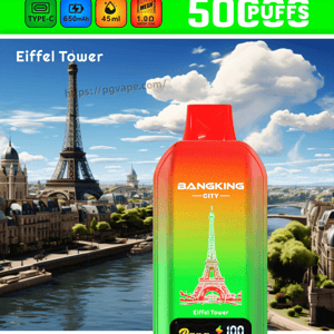 Rainbow gradient BangKing City disposable vape featuring the Eiffel Tower, set against a Paris skyline with a bright green banner above.