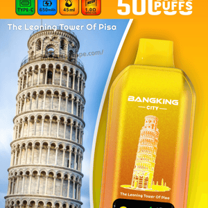 Bright orange Bangking City ad with Leaning Tower of Pisa on the left and a gold vape mod on the right, plus feature icons.