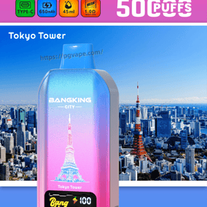 Gradient pink-to-blue BangKing City disposable vape with Tokyo Tower graphic and a city skyline backdrop.