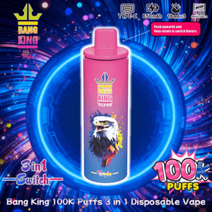 Appareil de vape jetable Bang King rose vif avec un logo illustré d'aigle et de couronne centré sur un fond de tourbillon circulaire bleu néon, étiqueté 3-en-1 et 100 000 bouffées.