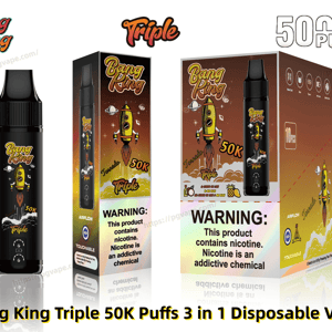 Appareil de vape jetable Black Bang King Triple avec un graphique de fusée, illustré à côté de deux boîtes de produits assorties en dégradé orange-marron étiquetées 50 000 bouffées et une étiquette d'avertissement de nicotine bien visible.