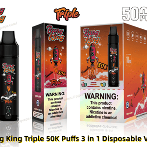 Appareil de vape jetable Black Bang King exposé à côté d'un emballage orange assorti décoré d'une illustration de fusée, des marques ' 50K ' et ' Triple ' bien visibles et d'une étiquette d'avertissement sur la nicotine.