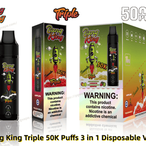 Appareil de vape jetable Black Bang King Triple à côté de ses boîtes de vente au détail, tous comportant une illustration de fusée verte, la marque ' 50K ', un fond coloré vert à orange et une étiquette d'avertissement de nicotine bien visible.