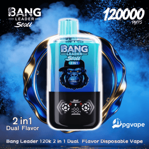 Blue and black Bang Leader Stoll 2-in-1 dual-flavor disposable vape device with a digital display and branding, shown against a swirling blue smoke background with text reading '120000 puffs' and the pgvape logo.