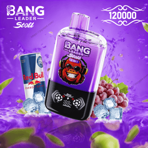 紫と黒の Bang Leader Stoll 2-in-1 VAPE デバイスで、中央にニヤリと笑う猿のロゴとデジタル コントロールがあり、光沢のある紫色の背景に「120000」と表示されたレッドブル缶、角氷、ブドウに囲まれています。.