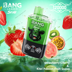 Green Bang Leader Stoll 2-in-1 VAPE デバイスは、ニヤリと笑うゴリラのロゴが水しぶきとスライスしたイチゴ、キウイ、パッション フルーツ、グアバの中に浮かび、パフ数 120000 とフレーバー テキスト「ストロベリー チェリー & キウイ パッション フルーツ グアバ」が付いています。.