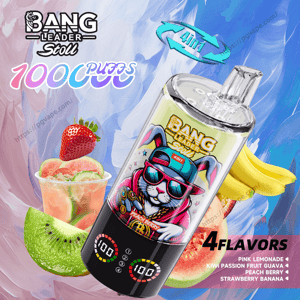 Bang Leader Stoll の使い捨て電子タバコの鮮やかな広告。サングラスとキャップをかぶった猫の漫画が描かれた傾いたデバイス、底部のデジタル パフ カウンター、イチゴ、キウイ、バナナ、グアバ/ピーチ フルーツの画像と 1000 パフと 4 つのフレーバーを示すテキストで囲まれています。