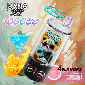 Bang Leader Stoll の 1000 パフ使い捨て電子タバコのプロモーション画像。マンゴー、ブルー カクテル、ピンク グレープ フルーツのしぶきと、「1000 パフ」と「4 つのフレーバー」(モヒート、モンスター マンゴー、レディ キラー、ピンク レモネード) を宣伝するテキストでカラフルに描かれた背景に傾いて、「レディ キラー」とラベル付けされたサングラスをかけた漫画のパンダで装飾された透明な円筒形のデバイスを示しています。.
