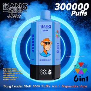 Vape usa e getta blu con logo scimmia, Bang Leader Stoll, 300000 boccate, bobina mesh 6 in 1, batteria 650mAh.