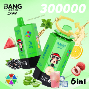 Two bright green Bang Leader Stoll 6in1 vape devices with a cartoon monkey, surrounded by fruit imagery and a large 300000 caption.