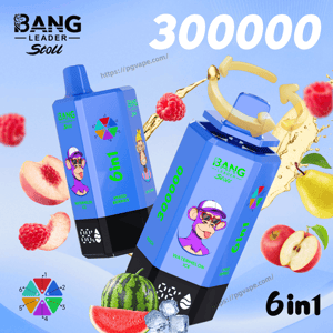 Two blue 6in1 Bang Leader Stoll vape devices with monkey mascot, Watermelon Ice flavor, amid fruit imagery and 300000