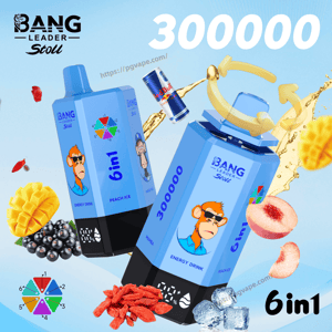 Two blue Bang Leader Stoll 6in1 energy drink devices with a monkey logo, surrounded by fruit and a Red Bull can, set against a large 300000 backdrop.