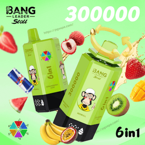 Two lime-green vape devices labeled 6in1 and 300000 with a cartoon monkey, set among strawberries, kiwis, bananas and mango.