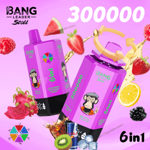Two purple Bang Leader Stoll 6in1 energy drink bottles with fruit graphics on a pink background, and a large 300000 text.