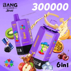 Two purple 6in1 energy drink bottles with a monkey mascot, surrounded by fruit and ice on a purple background with 300000.
