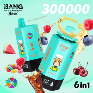 Two turquoise Bang Leader Stoll 6in1 vape juice cartons with a monkey-chef mascot, fruit graphics, and large 300000 text