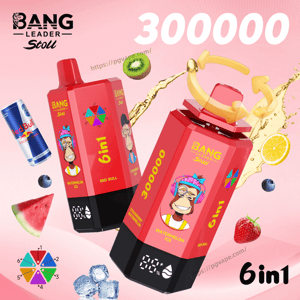 Pink Bang energy ad showing two red 6in1 bottles with a cartoon monkey, fruity accents and a Red Bull can, plus 300000.