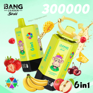 Two lime-yellow 6in1 bottles with monkey mascots on a mint background, surrounded by fruits, and a large 300000 text at the top.