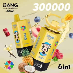 Two yellow Bang Leader Stoll 6in1 vape bottles with monkey logo, pineapple coconut and blue razz flavors, fruity graphics.