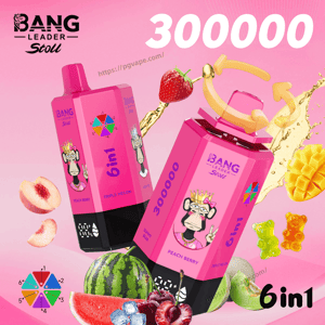 Two pink 6in1 vape bottles with crowned monkey logos against a pink gradient, featuring Peach Berry and Triple Melon flavors.