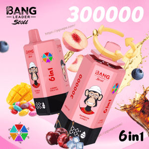 Two pink vape bottles with a monkey mascot, 6in1 Rainbow Candy and Peach Ice, amid fruit on a pink background with 300000.
