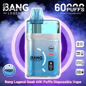 Blue Bang Legend Geek 60K puffar engångsvape med en transparent topp, silverpaneler och en digital batteriindikator.