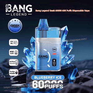 Blueberry Ice Bang Legend disposable vape with crystal background, features 60 puffs, 850 mAh, 19 mL, adjustable airflow.