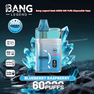 Blueberry Raspberry Bang Legend disposable vape with blue gradient body amid ice crystals and a 60 puffs label.