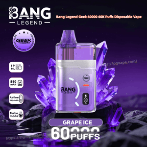Grape Ice disposable vape with a purple translucent body and Bang Legend branding, 60 puffs, 850 mAh, adjustable airflow.