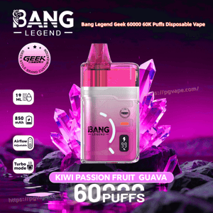 Pink Bang Legend disposable vape with a clear top, set against purple crystals; Kiwi Passion Fruit Guava flavor, 60K puffs.