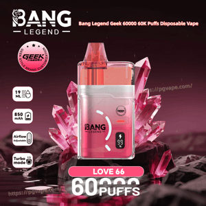 Pink Bang Legend disposable vape with a clear pink body, pink liquid, crystal background, and a 60K puffs label.