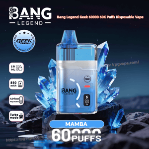 Blue Bang Legend Mamba disposable vape among blue crystals, showing branding and 60,000 puffs