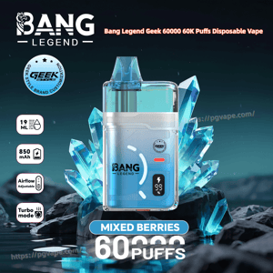 Bang Legend Geek 60K puffs disposable vape, blue device with mixed berries flavor, 850 mAh battery, 19 ml capacity, adjustable airflow and turbo mode.