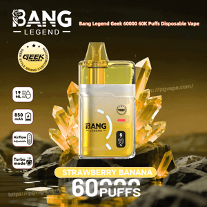 Bang Legend disposable vape with yellow liquid against a crystal backdrop; Strawberry Banana flavor, 60,000 puffs, 19 ml, 850 mAh.
