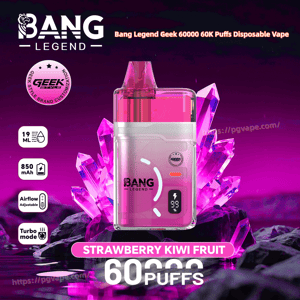 Pink Bang Legend Geek 60K disposable vape in strawberry kiwi flavor with a purple crystal background.