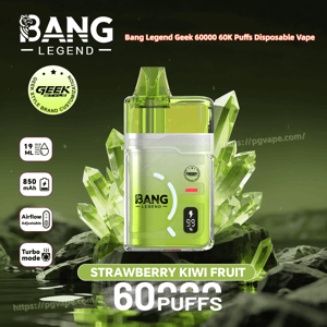 Green transparent Bang Legend disposable vape, strawberry kiwi flavor, 60K puffs, 850 mAh battery, adjustable airflow.