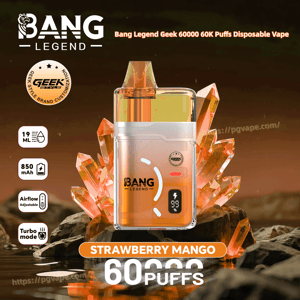 Bang Legend disposable vape in orange, Strawberry Mango flavor, 60 puffs; 19 ml, 850 mAh battery, adjustable airflow.