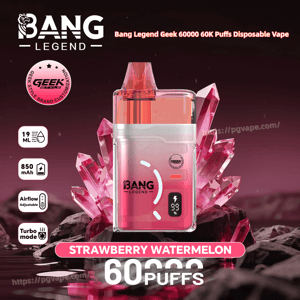 Pink Bang Legend disposable vape device in front of pink crystal accents, Strawberry Watermelon flavor, advertising 60 puffs.
