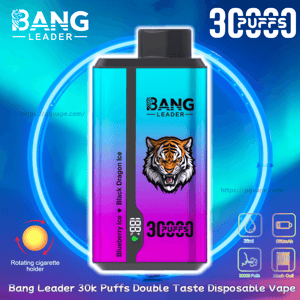 Vape jetable dégradé turquoise à violet étiquetée " Bang Leader " avec un logo de tigre hargneux, un compteur de bouffées numérique et un grand texte " 30 000 bouffées ", avec de petites icônes pour une capacité de 38 ml, une batterie de 550 mAh et une bobine en maille sur un fond circulaire bleu brillant.