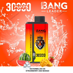 Appareil à vapoter jetable Bang Leader rectangulaire rouge à jaune avec un logo de tigre couronné et une étiquette ' 30 bouffées ', présenté sur un fond orange éclaboussé d'eau avec une tranche de pastèque, des glaçons, de la fraise et de la mangue et le texte d'arôme ' Pastèque glacée, fraise et mangue '.